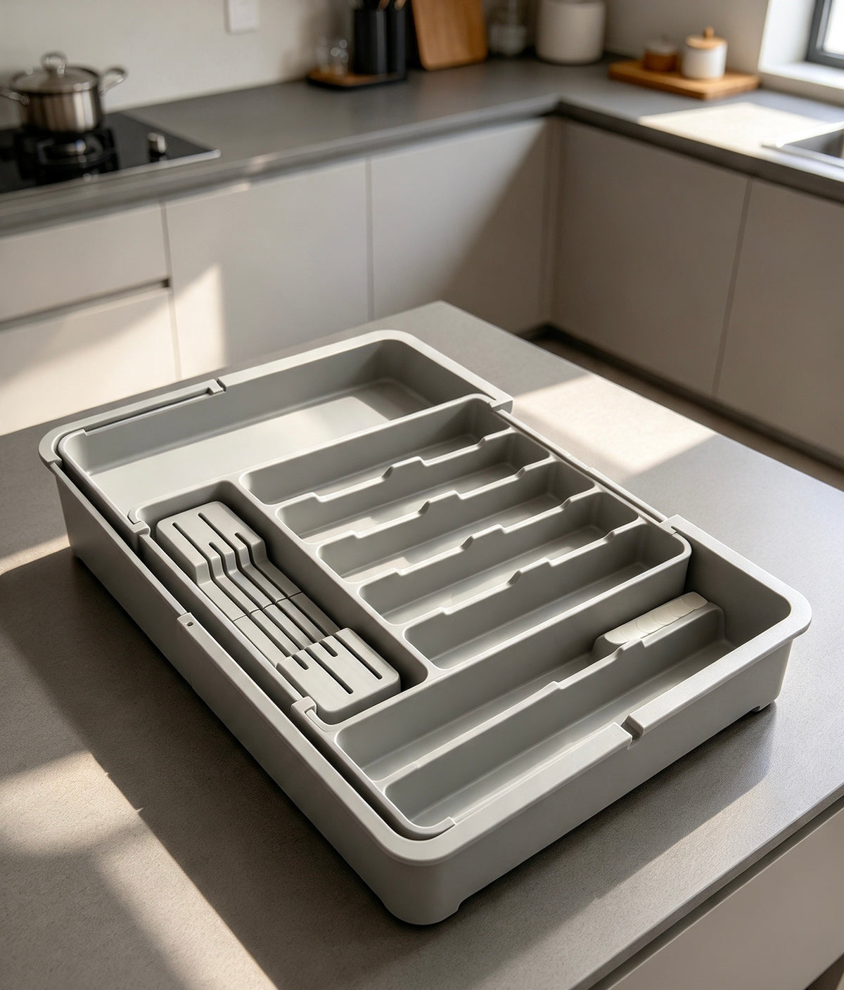 Expandable Cutlery Drawer Organizer with Integrated Knife Holder.