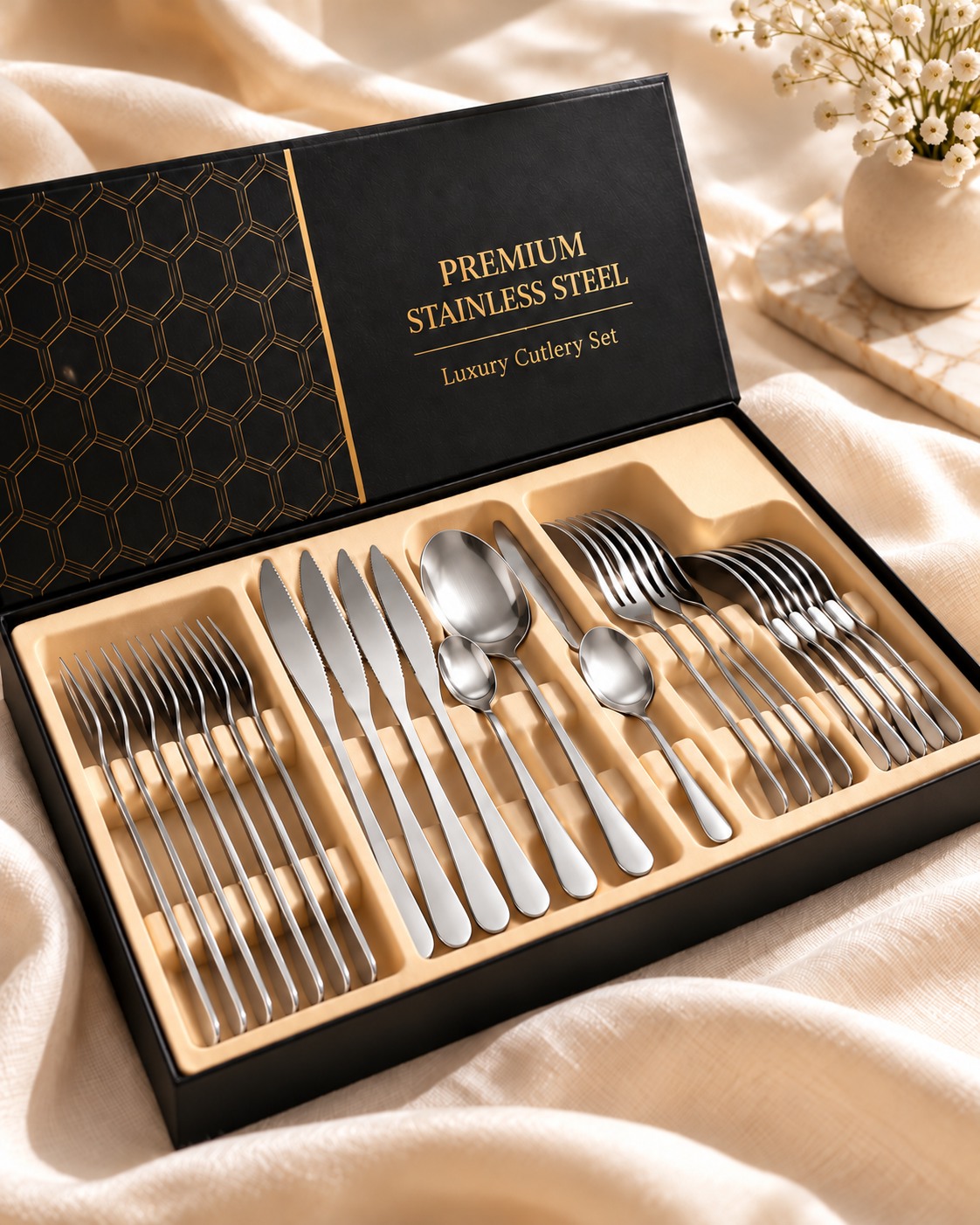24-Piece Luxury Gold Cutlery Set with Gift Box | Stainless Steel Flatware Service for 6.