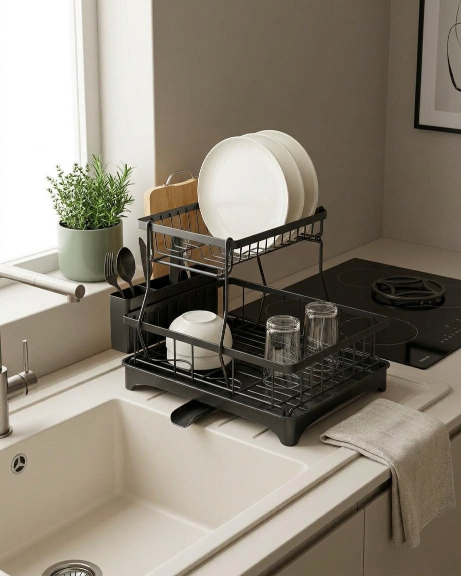 2-Tier Black Dish Drying Rack with Automatic Drainboard | Space-Saving Kitchen Counter Organizer