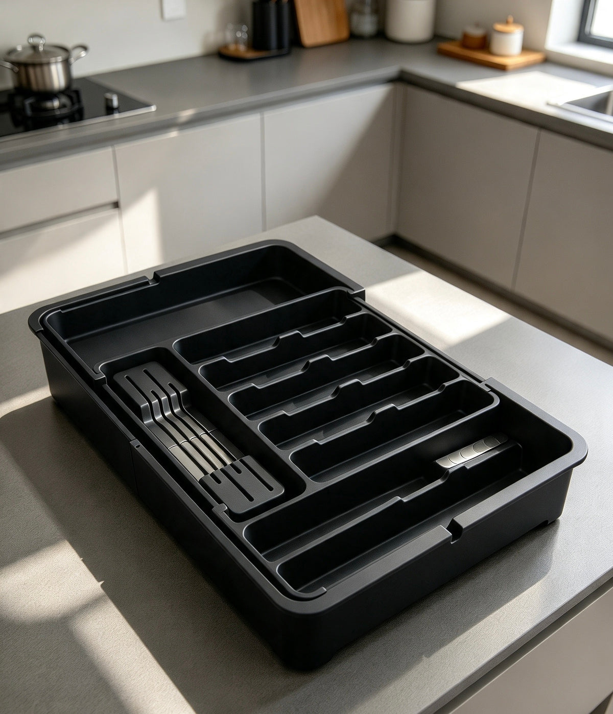 Expandable Cutlery Drawer Organizer with Integrated Knife Holder.