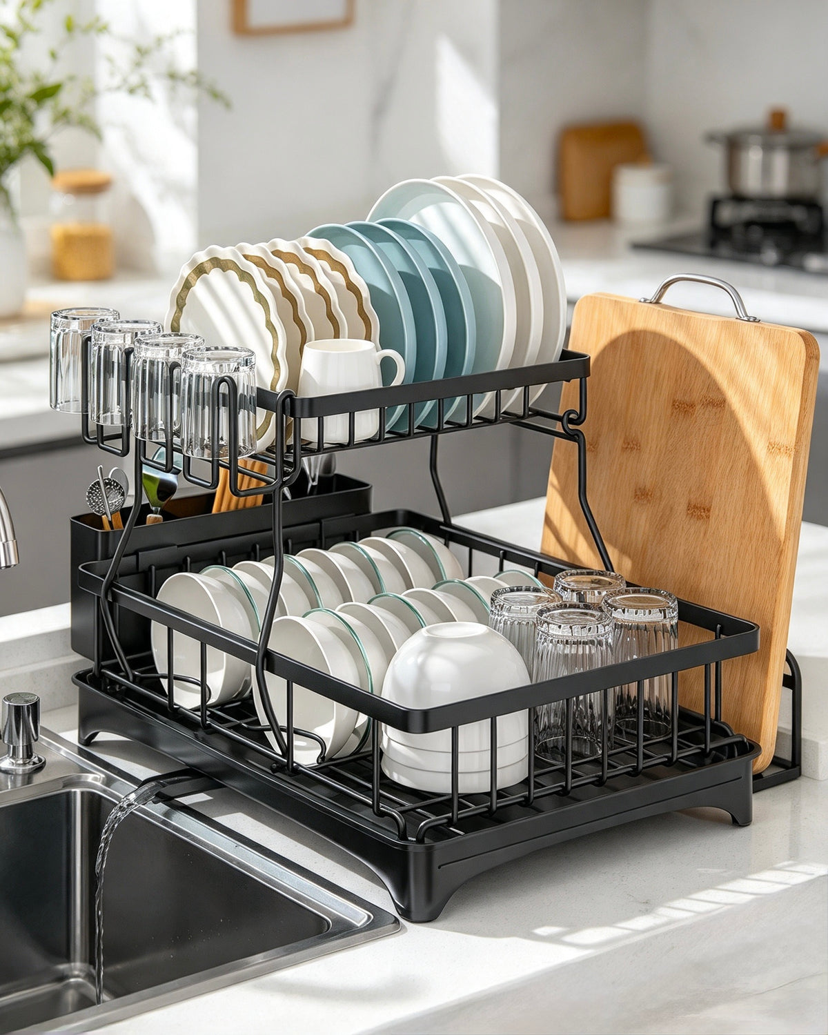 2-Tier Black Dish Drying Rack with Automatic Drainboard | Space-Saving Kitchen Counter Organizer