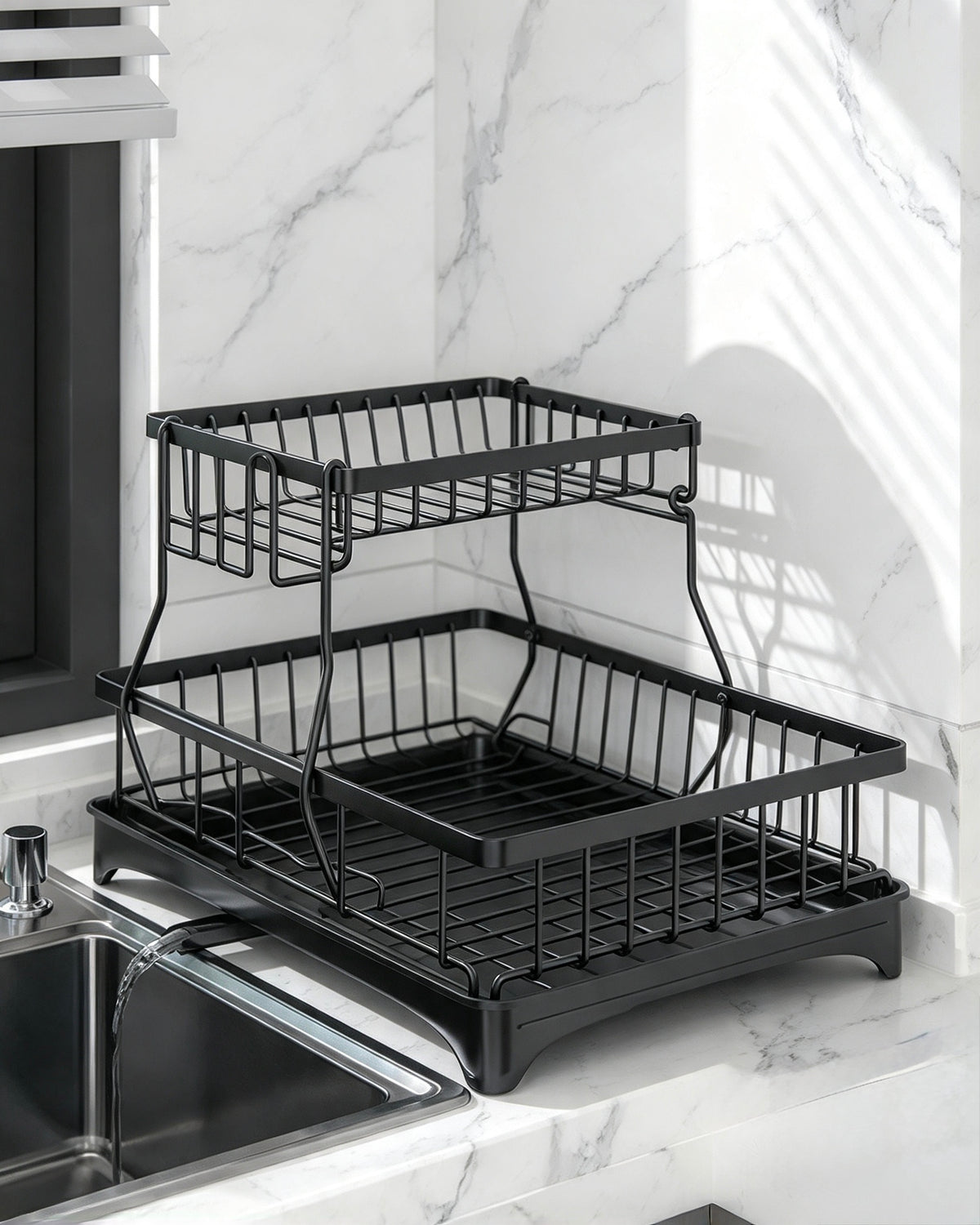 2-Tier Black Dish Drying Rack with Automatic Drainboard | Space-Saving Kitchen Counter Organizer