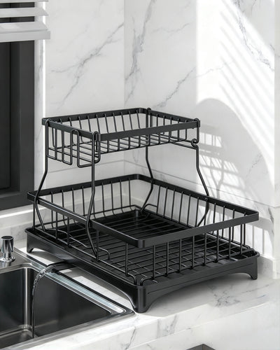 2-Tier Black Dish Drying Rack with Automatic Drainboard | Space-Saving Kitchen Counter Organizer