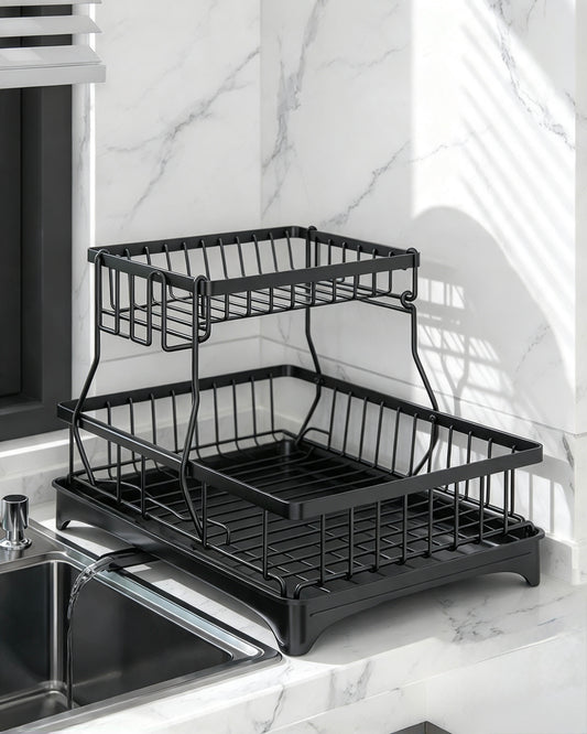 2-Tier Black Dish Drying Rack with Automatic Drainboard | Space-Saving Kitchen Counter Organizer