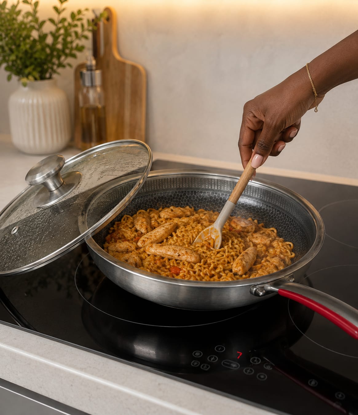 28cm Hybrid Non-Stick Stainless Steel Frying Pan with Glass Lid – Induction Compatible