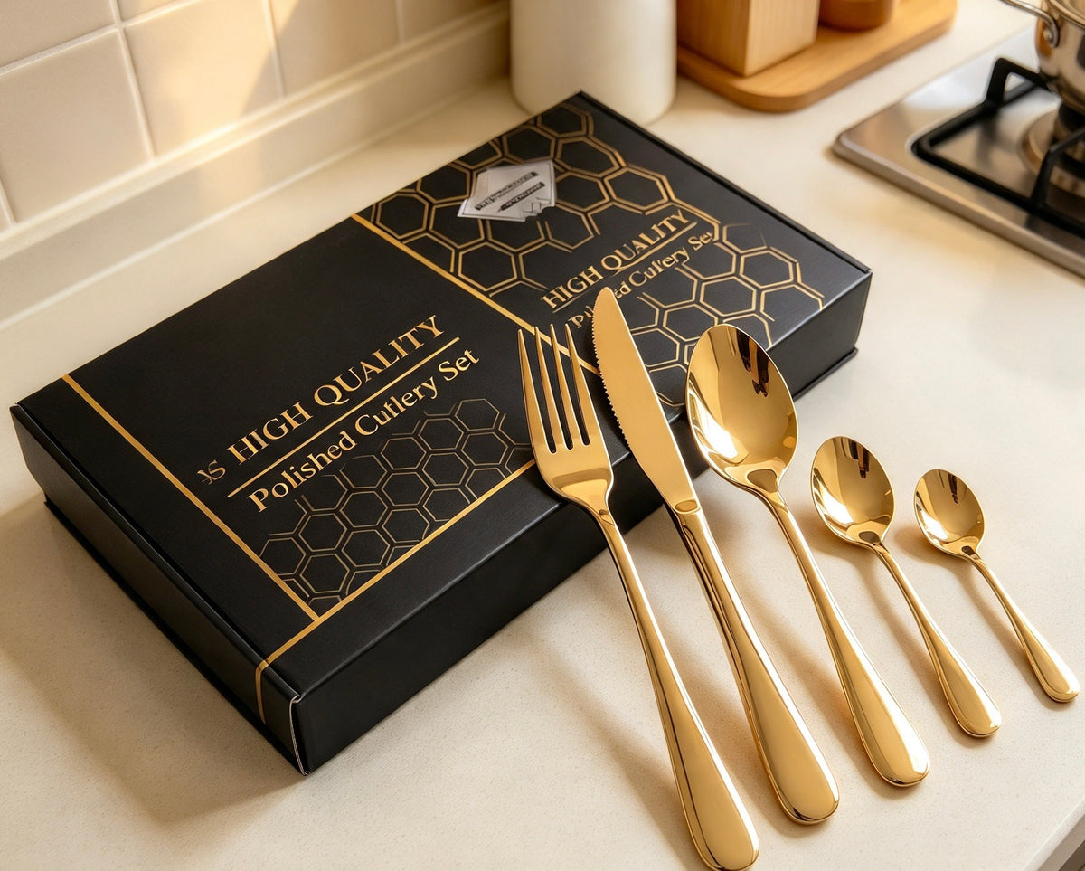 24-Piece Luxury Gold Cutlery Set with Gift Box | Stainless Steel Flatware Service for 6.