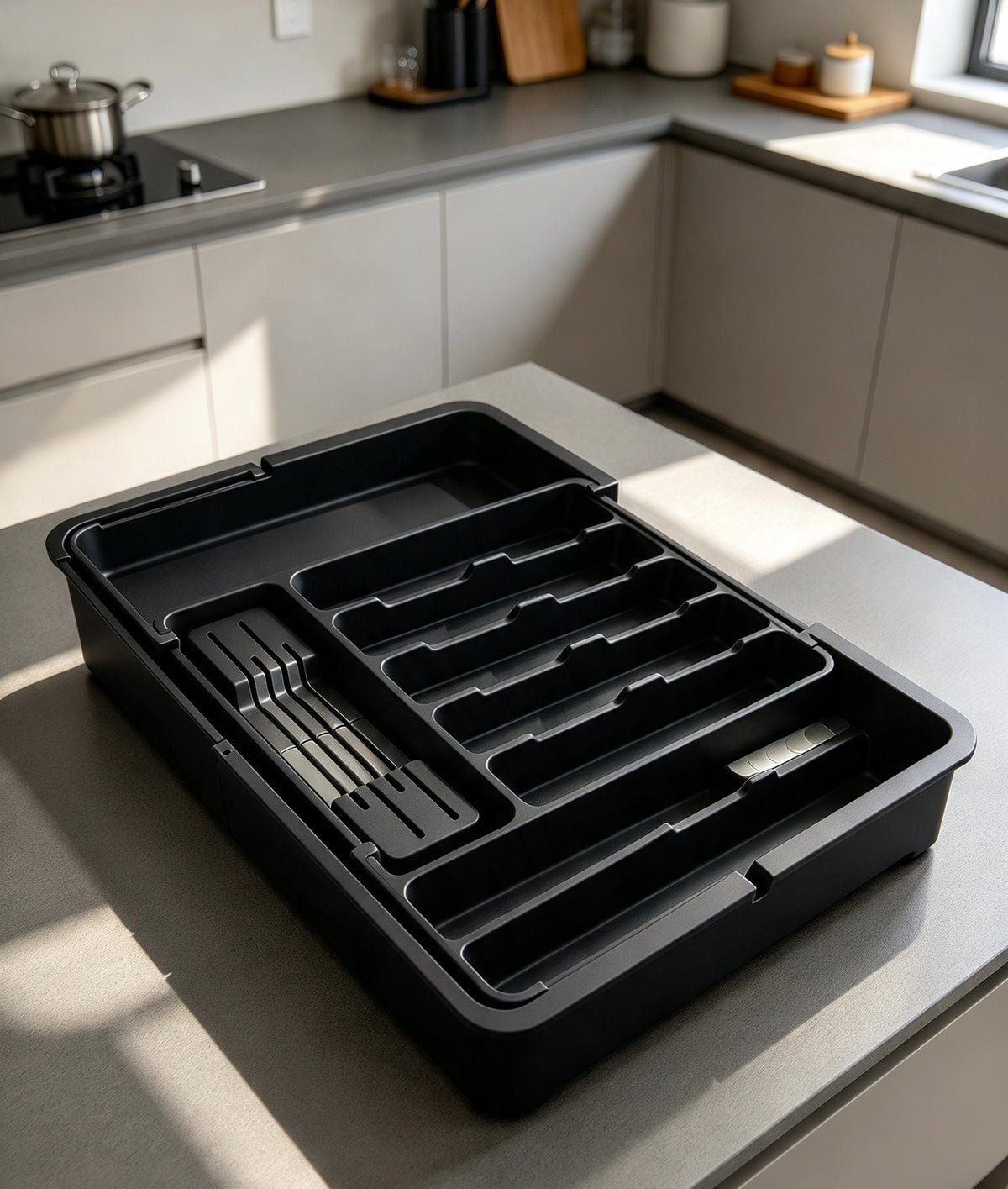 Expandable Cutlery Drawer Organizer with Integrated Knife Holder.