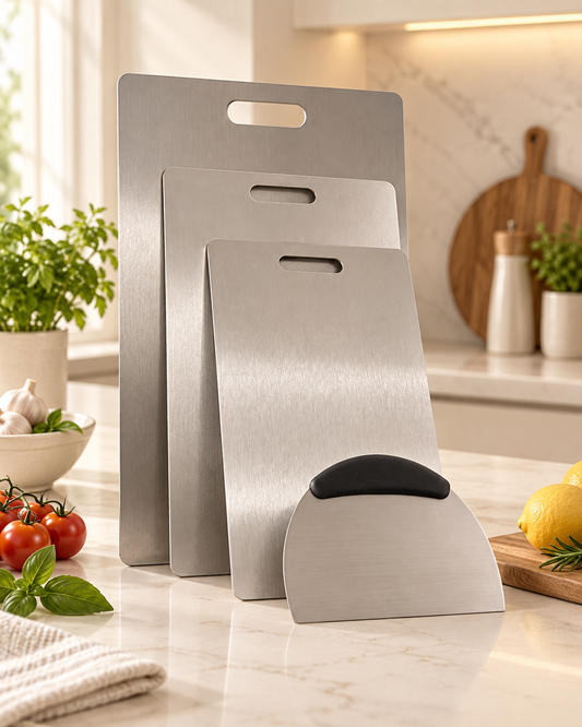 3-Piece Titanium Stainless Steel Chopping Board Set + FREE Pastry Slicer | Food-Grade Kitchen Cutting Boards