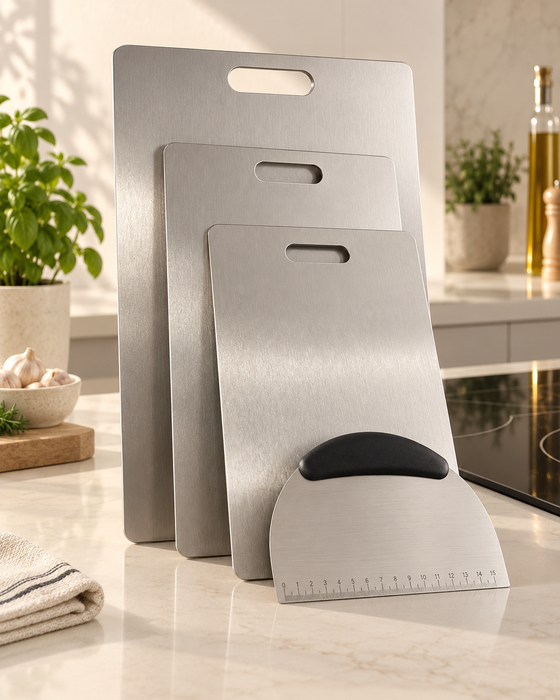 3-Piece Titanium Stainless Steel Chopping Board Set + FREE Pastry Slicer | Food-Grade Kitchen Cutting Boards