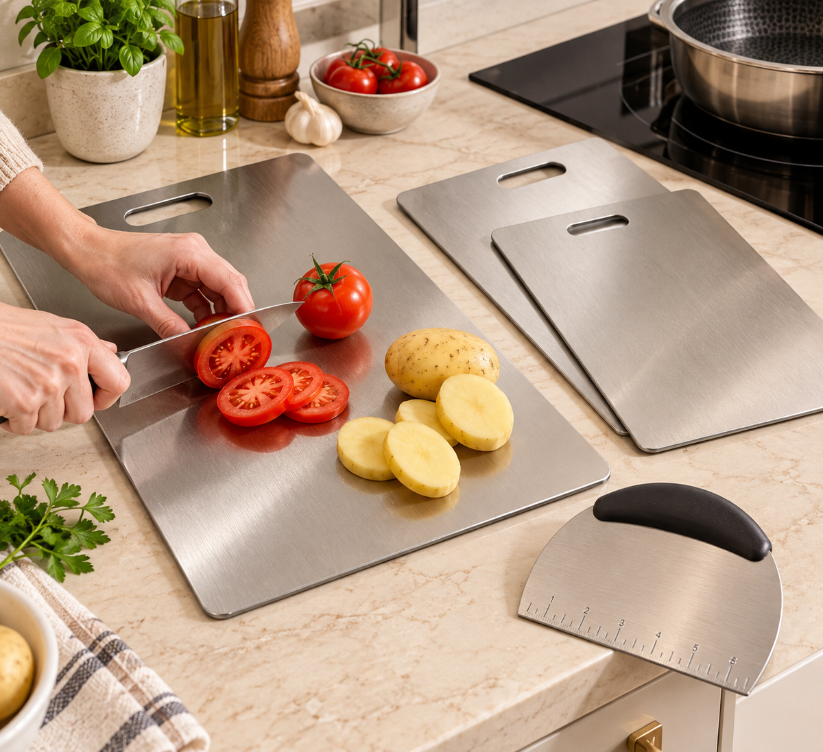 3-Piece Titanium Stainless Steel Chopping Board Set + FREE Pastry Slicer | Food-Grade Kitchen Cutting Boards