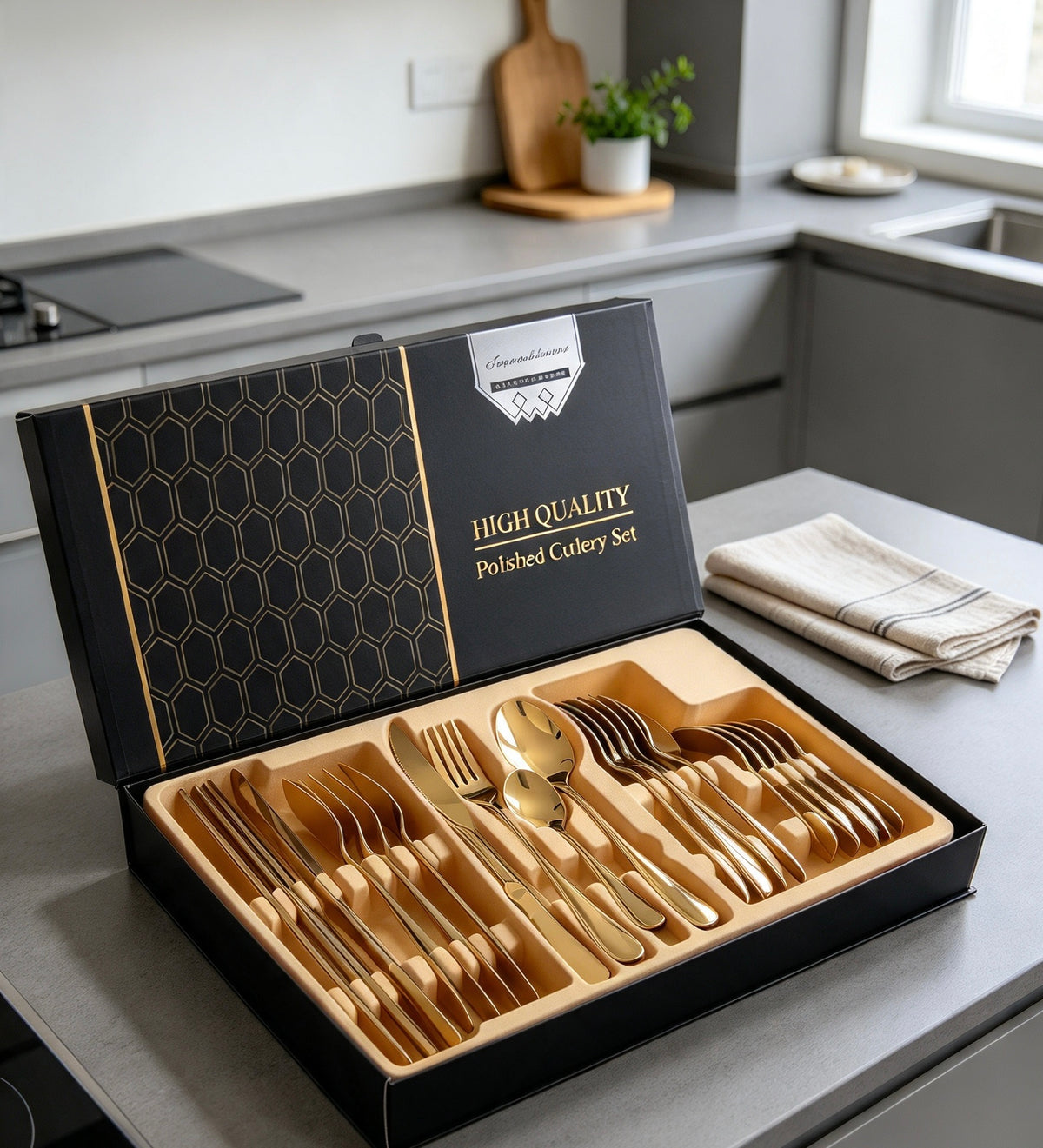 24-Piece Luxury Gold Cutlery Set with Gift Box | Stainless Steel Flatware Service for 6.