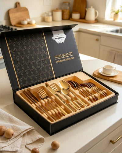 24-Piece Luxury Gold Cutlery Set with Gift Box | Stainless Steel Flatware Service for 6.