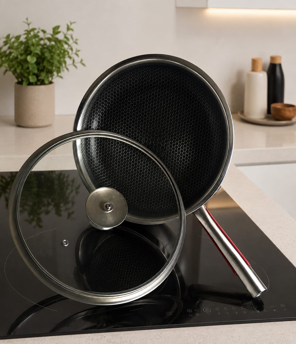 28cm Hybrid Non-Stick Stainless Steel Frying Pan with Glass Lid – Induction Compatible