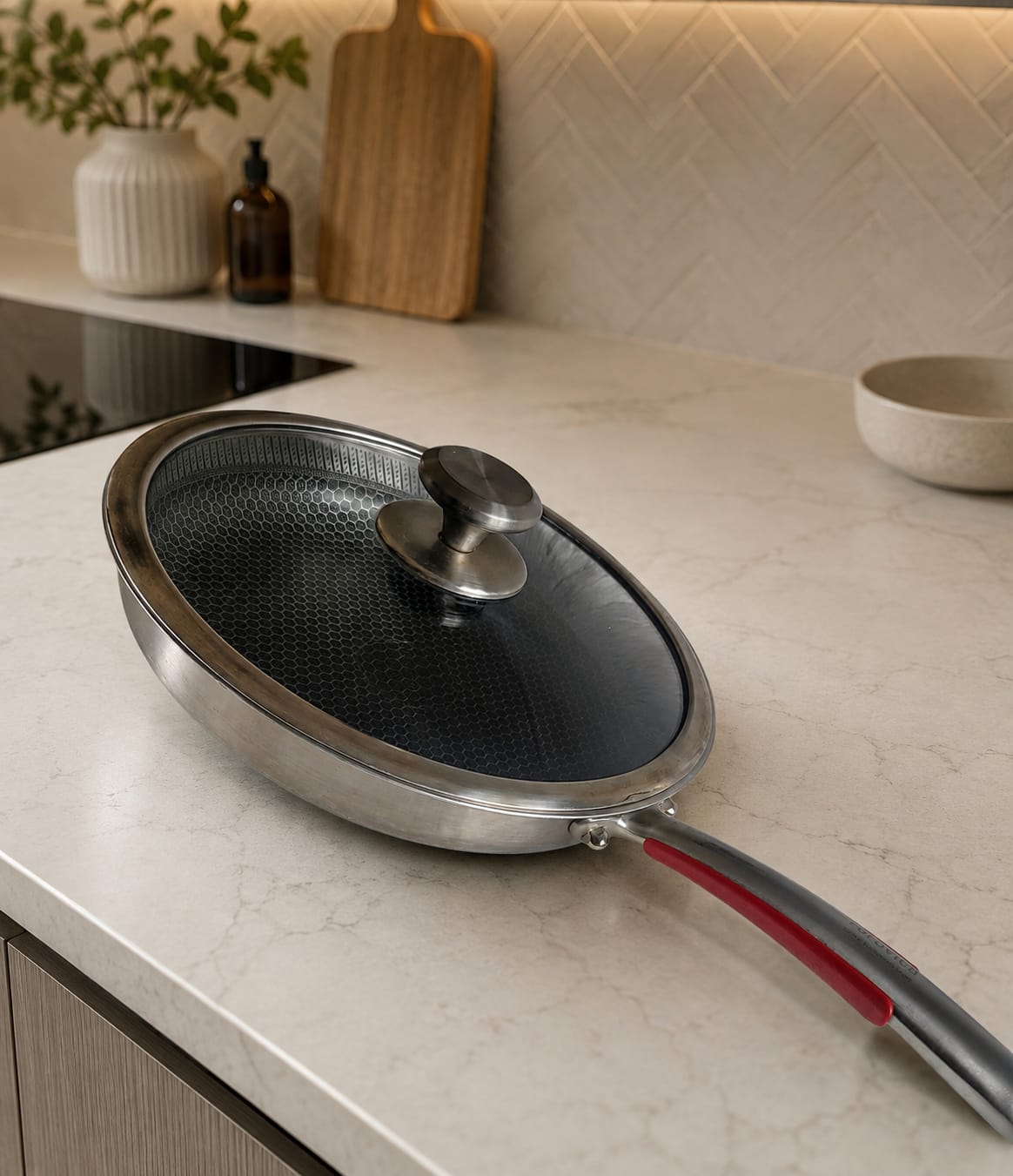28cm Hybrid Non-Stick Stainless Steel Frying Pan with Glass Lid – Induction Compatible